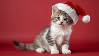 Adorable Kitten Wearing a Santa Hat Against a Red Background