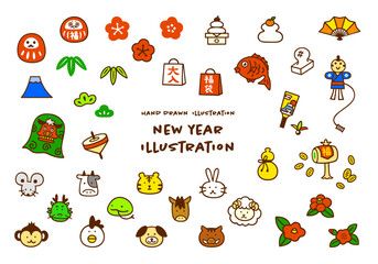 Fototapeta premium かわいい手描きのお正月カラーイラストセット