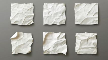 White glued stickers, crumpled paper patches mockup. Blank shrunken labels of square shapes with rounded corners, wrinkled emblems with curve edges, ui or gui elements, buttons Realistic 3d vector set