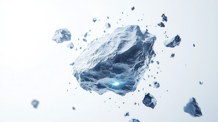 A realistic, vibrant depiction of a meteorite with icy blue and silver hues, glowing with soft cyan highlights along its jagged edges