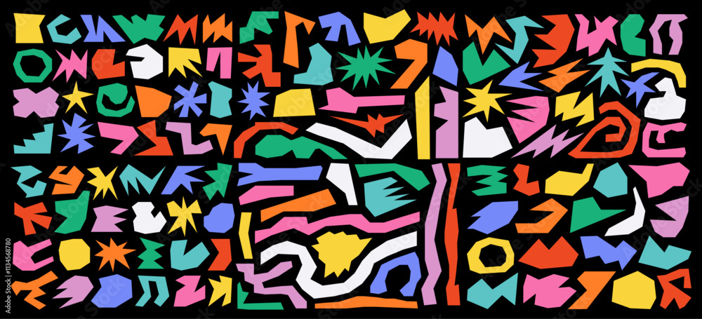 Poster collection of various funky elements, irregular shapes and colorful abstract forms with paper cut ae