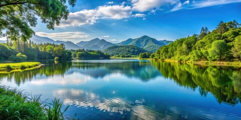 Fototapeta premium Peaceful landscape with a tranquil lake surrounded by lush greenery and mountains in the background, serene, reflection