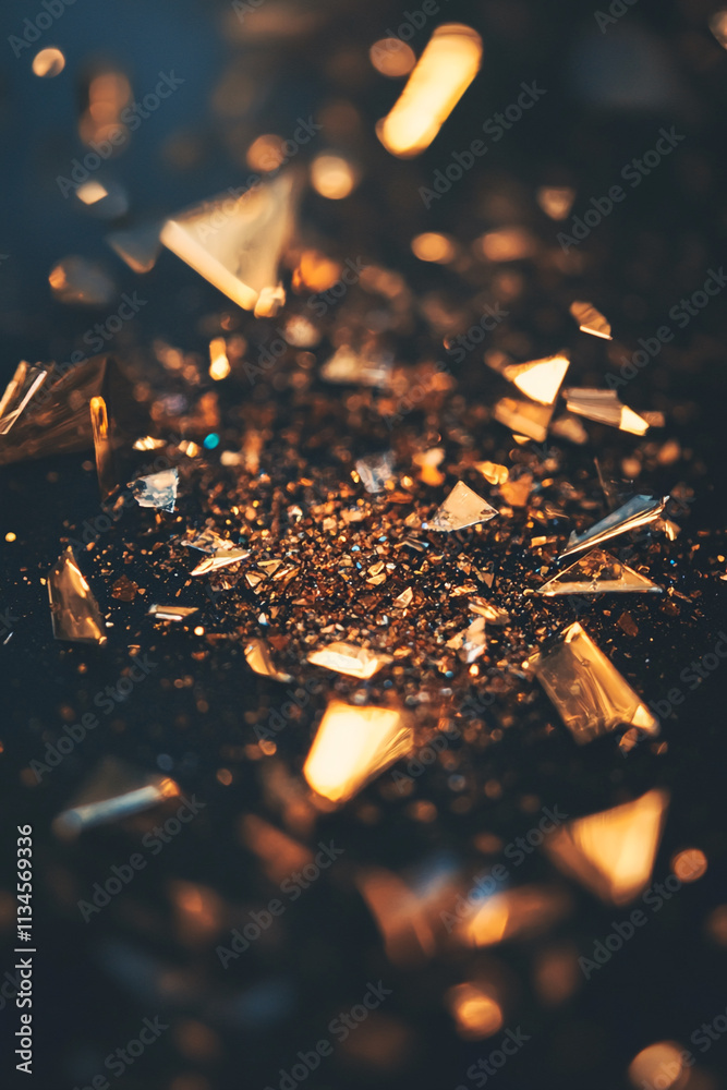 Poster shimmering fragments of glass and glitter on a dark background create an artistic composition of lig