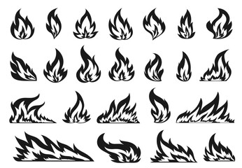 Natural gas fire flat icon set. Blaze danger warning symbol. Different shapes of abstract black campfire fiery flame isolated on white background. Hot bonfire flaming fuel power energy clipart