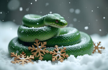Fototapeta premium A snake playfully intertwines with snowflakes, each one having a unique wooden texture.