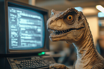A dinosaur figure interacts with an old computer, combining elements of technology and prehistoric life in a whimsical scenario.