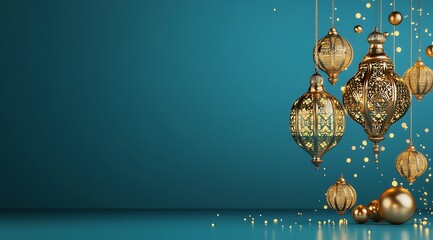 3D lantern with candle, Ramadan Islamic concept background, space for text, isolated on a blue color background, Eid Mubarak and Ramadan Kareem greetings with an Islamic lantern behind the Arabic lamp