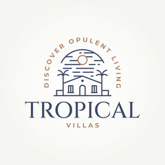 minimalist tropical villa house line art icon logo vector illustration design. simple modern rental vacation house logo concept