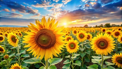 Fototapeta premium Beautiful sunflowers in a vast, vibrant field, sunflowers, field, yellow, bright, nature, agriculture, sunny, blooms, petals