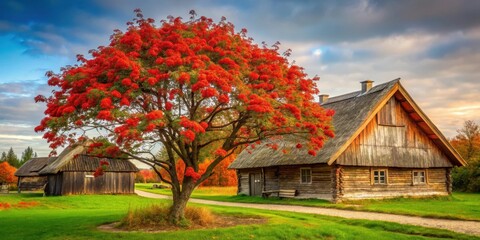 Rural landscape with a red rowan tree at the open-air museum in Tallinn, Red Rowan, Rural, Landscape