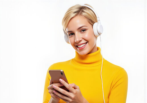 Cheerful young woman enjoying music through white headphones while holding a smartphone, dressed in a vibrant yellow turtleneck against a plain background, exuding joy and relaxation.