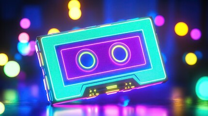 A glowing neon cassette tape in turquoise, neon purple, and lime green, with bokeh lights swirling in the background. 