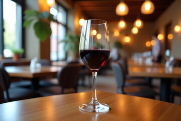 Fototapeta premium red wine glass sits quiet restaurant lounge area wooden dining