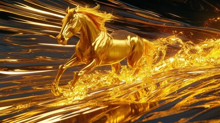 A golden horse galloping at full speed, seamlessly merging with fluid streams of molten gold, symbolizing mechanical power. 