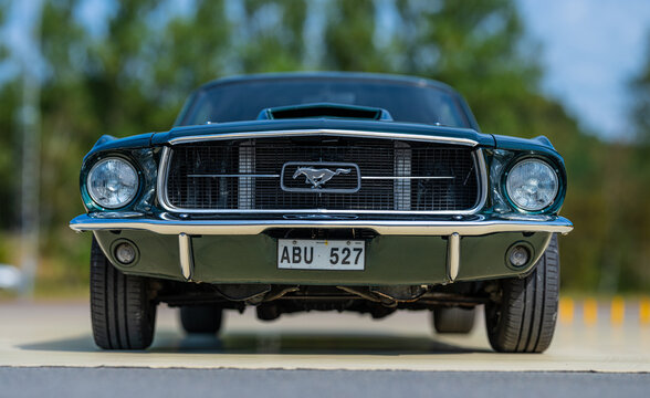 Gothenburg, Sweden - september 07 2024: Front of a dark green 1967 Ford Mustang.