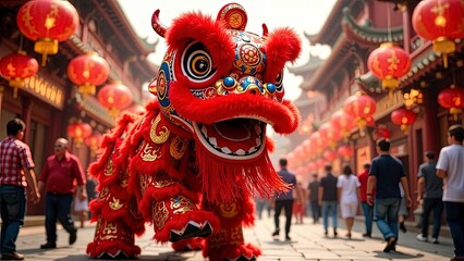Fototapeta premium A vibrant Chinese lion costume in motion during a festival, intricate embroidery and bold colors of red and gold, performers visible beneath the lion, set against a lively street background