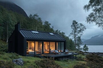 Modern black cabin with large glass windows and serene lake view surrounded by lush green trees in...