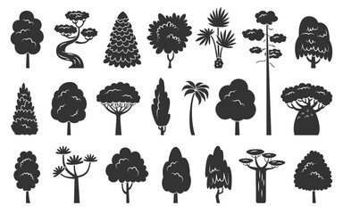 Tree icon set. Stylized eco forest plants side view. Black stamp stencil of aspen alder ash linden acacia chestnut dracaena willow cypress thuja pine oak poplar birch spruce maple baobab palm sequoia