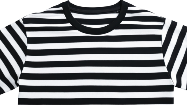 Stylish black and white striped t-shirt displayed against a white background, showcasing a modern design suitable for casual wear.