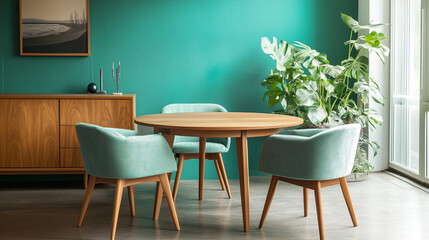 Fototapeta premium Mint color chairs at round wooden dining table in room with sofa and cabinet near green wall. Scandinavian, mid-century home interior design of modern living room
