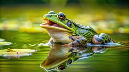 Green lake frog singing in water, frog, green, lake, singing, water, nature, wildlife, amphibian, vocal, croak