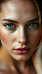 Beauty portrait of female face with natural clean skin, masterpiece, with white tones