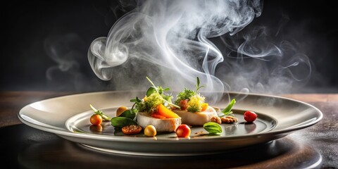 Elegant gourmet dish with smoke effect , elegant, gourmet, dish, smoke, effect, luxurious, high-end