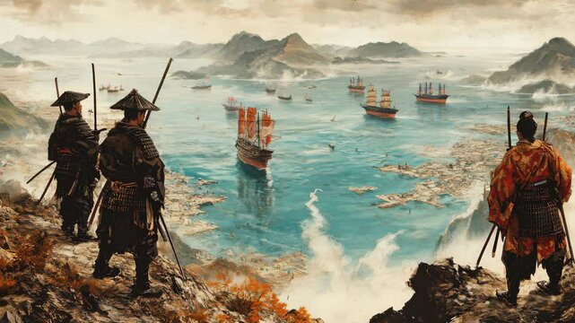 Realistic view of Samurai warriors on a mountaintop in Japan, observing a distant fleet of Chinese trading ships on the horizon, year 1600