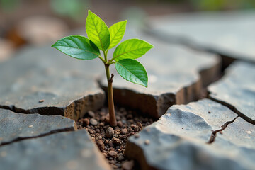 small tree grows old stone crack hopeful message eternal rebirth new life human