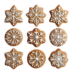 Nine Gingerbread Cookies Decorated with White Snowflake Designs