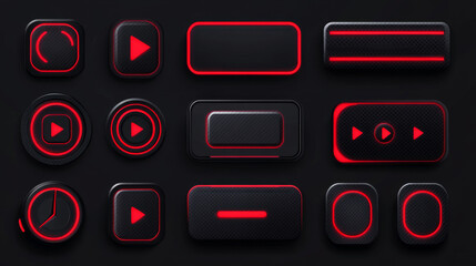 Game stream ui borders set isolated on black background. Vector realistic illustration of red frames for streaming platform, online and offline buttons, user interface design elements collection