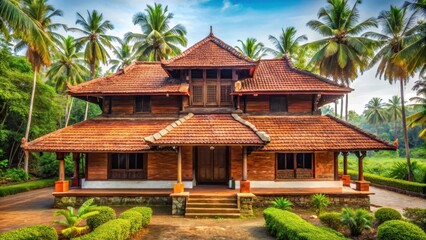 Obraz premium Traditional Kerala house with unique architecture isolated on background, Kerala, traditional, house, architecture