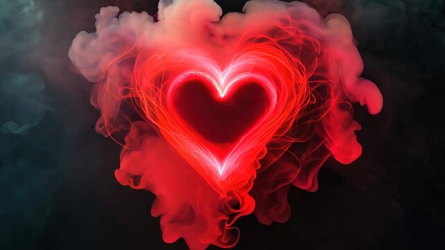 Red heart-shaped smoke against a dark background, romantic and dramatic, love symbolism.