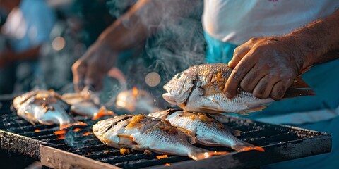 Fototapeta premium Man Grilling Fresh Fish Under a Light Blue Hue, The Art of Grilling Fish in a Soft Blue Atmosphere 