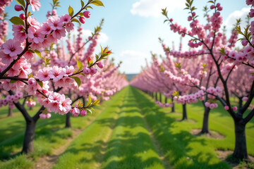 Obraz premium soft pink flowers cover trees apple orchard full