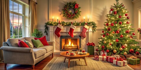 Cozy holiday living room with Christmas tree, stockings, and garlands in warm home setting, Christmas, cozy, holiday