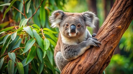 Fototapeta premium Koala resting on a eucalyptus tree in the wild, Koala, eucalyptus, tree, wildlife, nature, Australia, marsupial, cute, furry