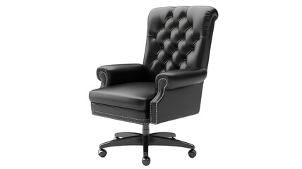 Fototapeta premium Elegant black leather office chair with tufted backrest, designed for comfort and style, ideal for modern workplaces.