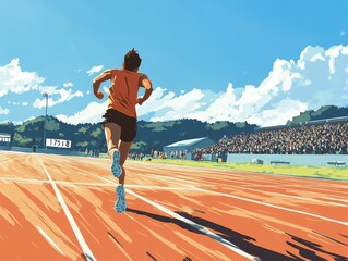 Fototapeta premium Runner sprints track, sunny day, cheering crowd.