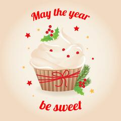 New year delicious cupcake with whipped cream. Vector cartoon illustration of sweet food.