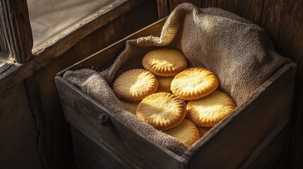 Freshly Baked Cookies in Rustic Wooden Box on a Sunlit Table