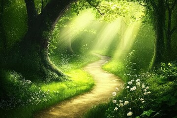 Obraz premium Tranquil Pathway Through Lush Green Forest