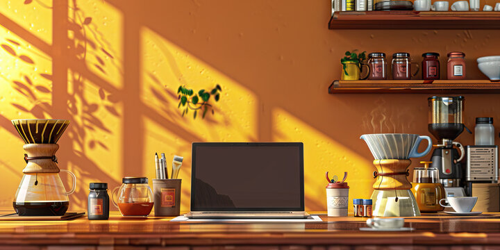 Laptop Workspace with Coffee Brewing Apparatus and Art Supplies - Powered by Adobe