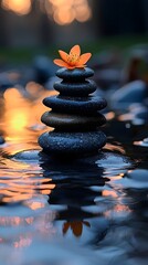 Obraz premium Pebble stacks in sunset waters reflecting a Japanese Zen concept