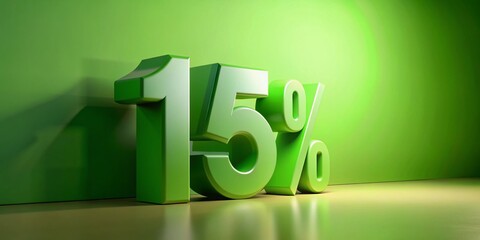 3D Render of a Green 15 Percent Number on a Modern Background with Copy Space for Business and Finance Themes, Highlighting Growth and Success in Marketing Strategies
