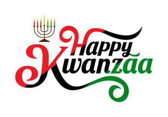 Happy Kwanzaa hand lettering vector poster design isolated on white background, seven candles & kinara holder, Kwanzaa ‍social media post, banner, card, flyer, greeting card, web banner