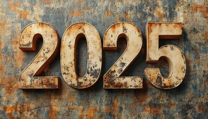 3D text "2025" in classic serif font with a vintage paper texture, set against an old parchment background