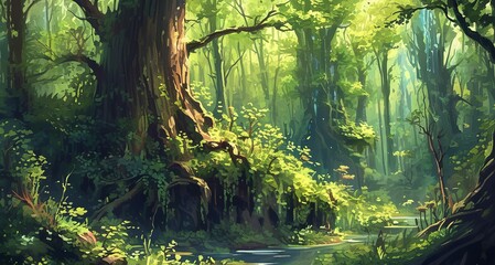 Fototapeta premium A magical digital painting of an enchanted forest with lush trees and vibrant vegetation. Created with generative AI technology