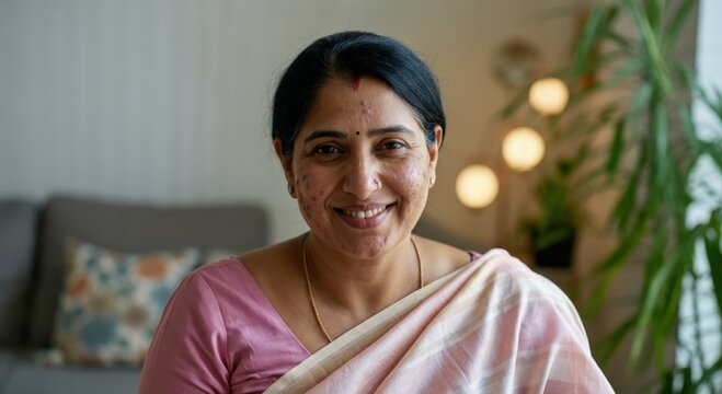 Portrait of a mature indian woman smiling indoors in traditional attire - Powered by Adobe