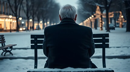Obraz premium stock photo Vibrant colors and intense weather depict a lonely old man on a park bench. Back view. Christmas Eve snowfall in a city park.